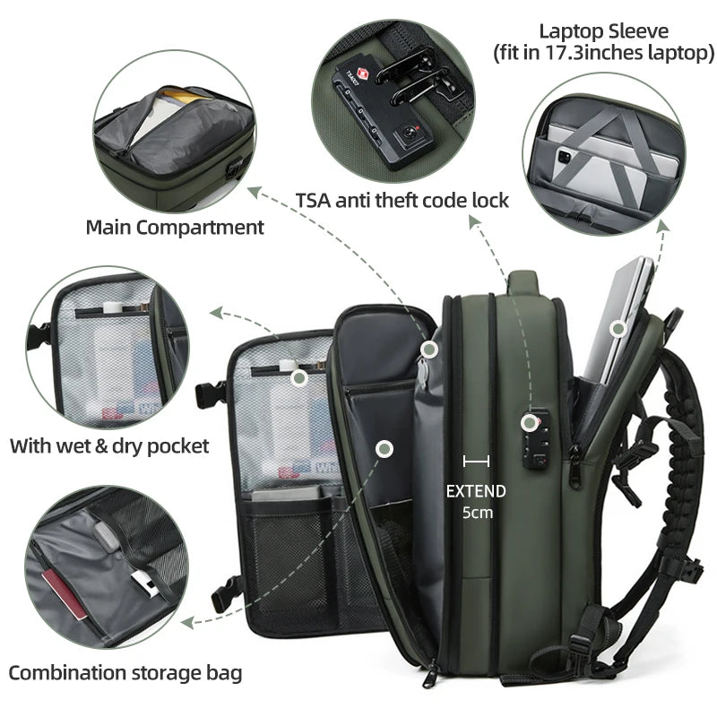 Men Travel Backpack 17 Inch Vacuum Compression Laptop Backpack Extended Large Capacity School Backpack Hiking Business Backpack